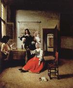 Pieter de Hooch Weintrinkende woman in the middle of these men oil painting
